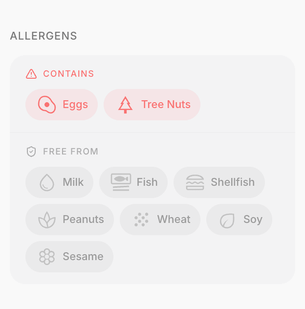 Allergen detection showing contains and free-from allergens