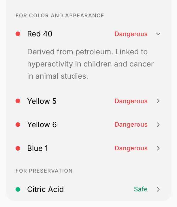Expanded ingredient detail showing Red 40 explanation and other color additives
