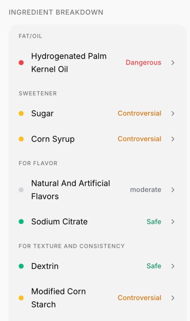 Ingredient breakdown showing categorized ingredients with safety ratings